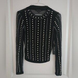 Moa Moa Sheer Elegant Black Pearl Embellished Top